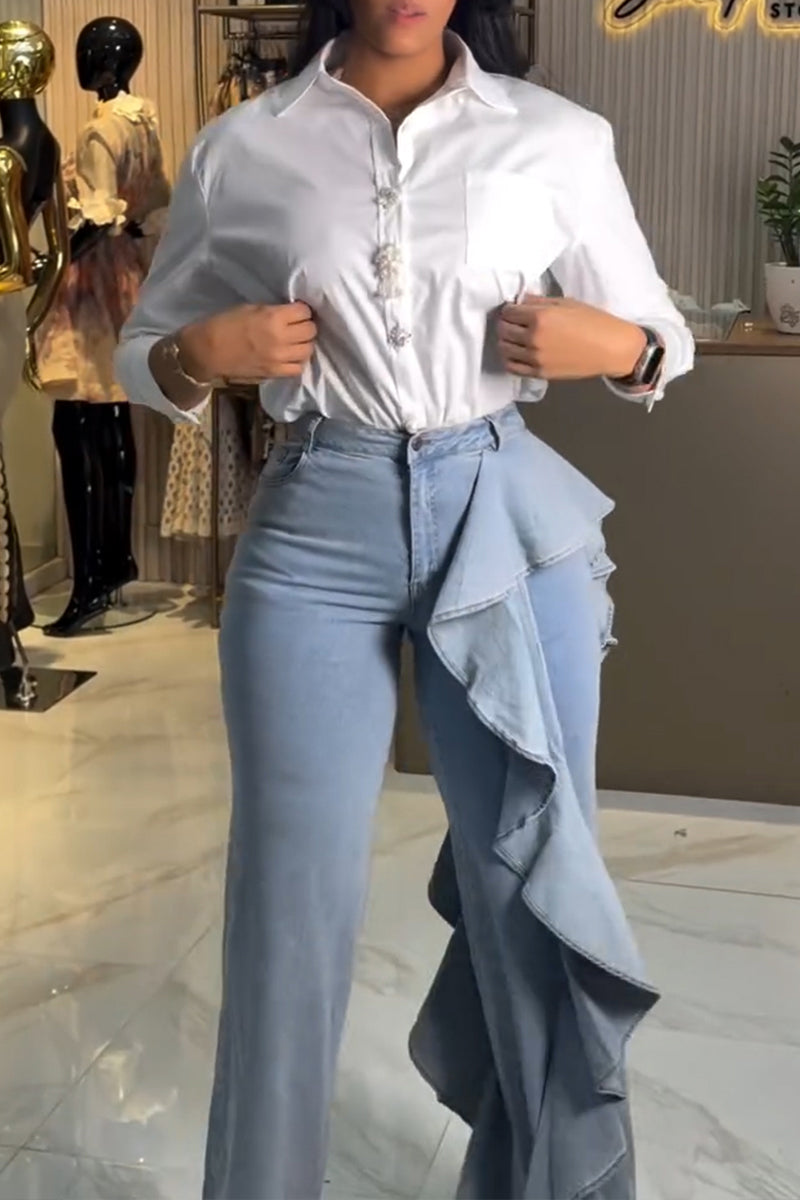 Women's Fashion One-Side Ruffle Patchwork Straight Jeans
