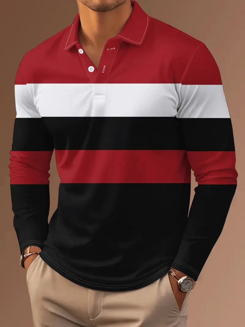 Men's Business Casual Striped Long Sleeve Polo