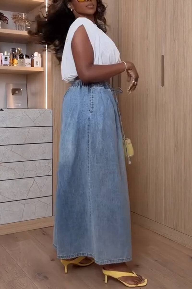 Women's Casual Round Neck Solid Color Top or Washed Wide Leg Jeans