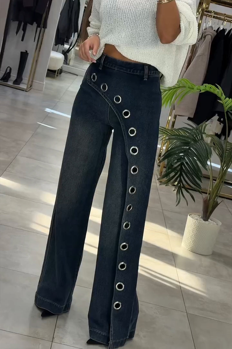 Women's Fashion Asymmetric Metal Hollow-Out Decoration Wide Leg Jeans