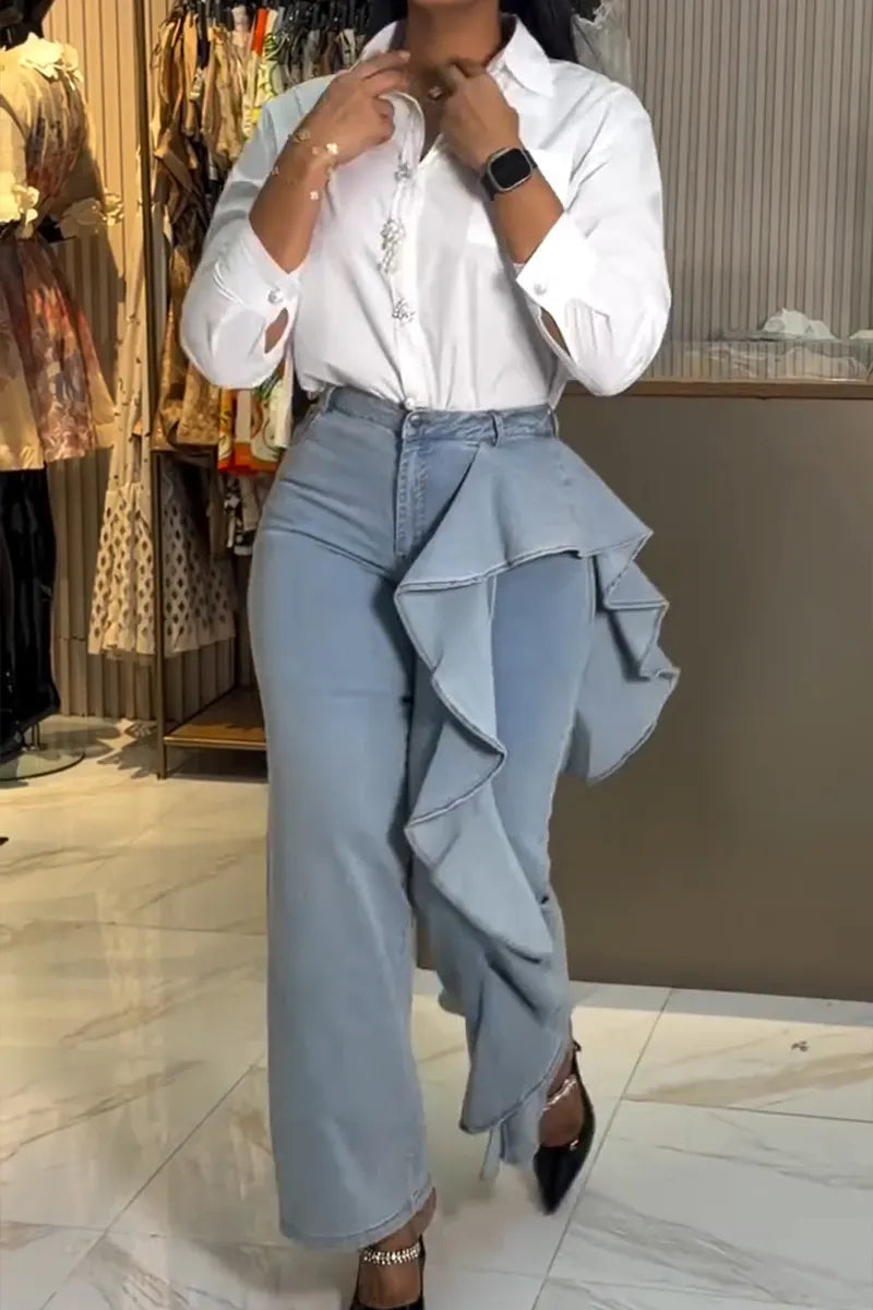 Women's Fashion One-Side Ruffle Patchwork Straight Jeans
