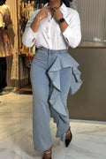Women's Fashion One-Side Ruffle Patchwork Straight Jeans