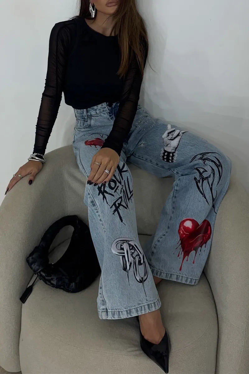 Women's Fashion Pattern Print Wide Leg Jeans