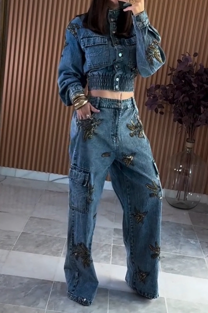 Women's Standing Collar Buckle Patchwork Pattern Denim Jacket or Jeans