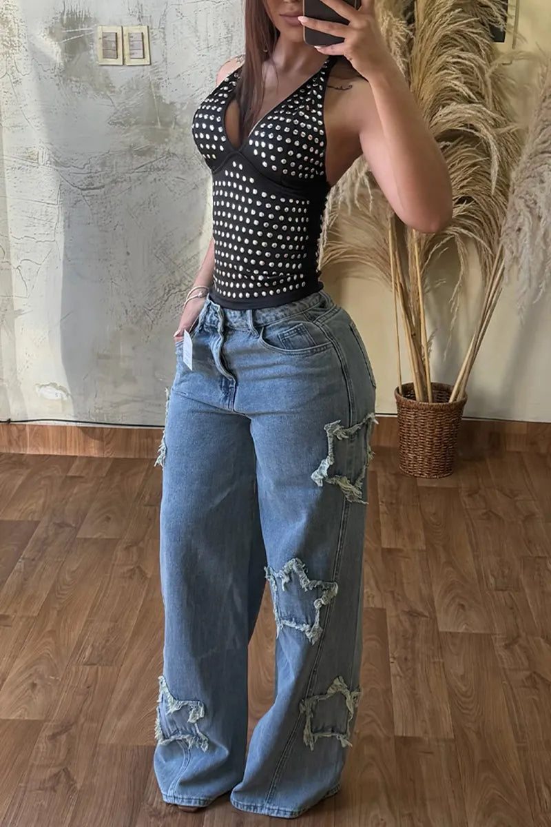 Women's Fashion Metallic Patch Knit Vest & Pattern Washed Jeans