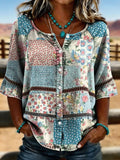 Women's Vintage Floral Quilted Patchwork Print Casual Hollow Denim Shirt