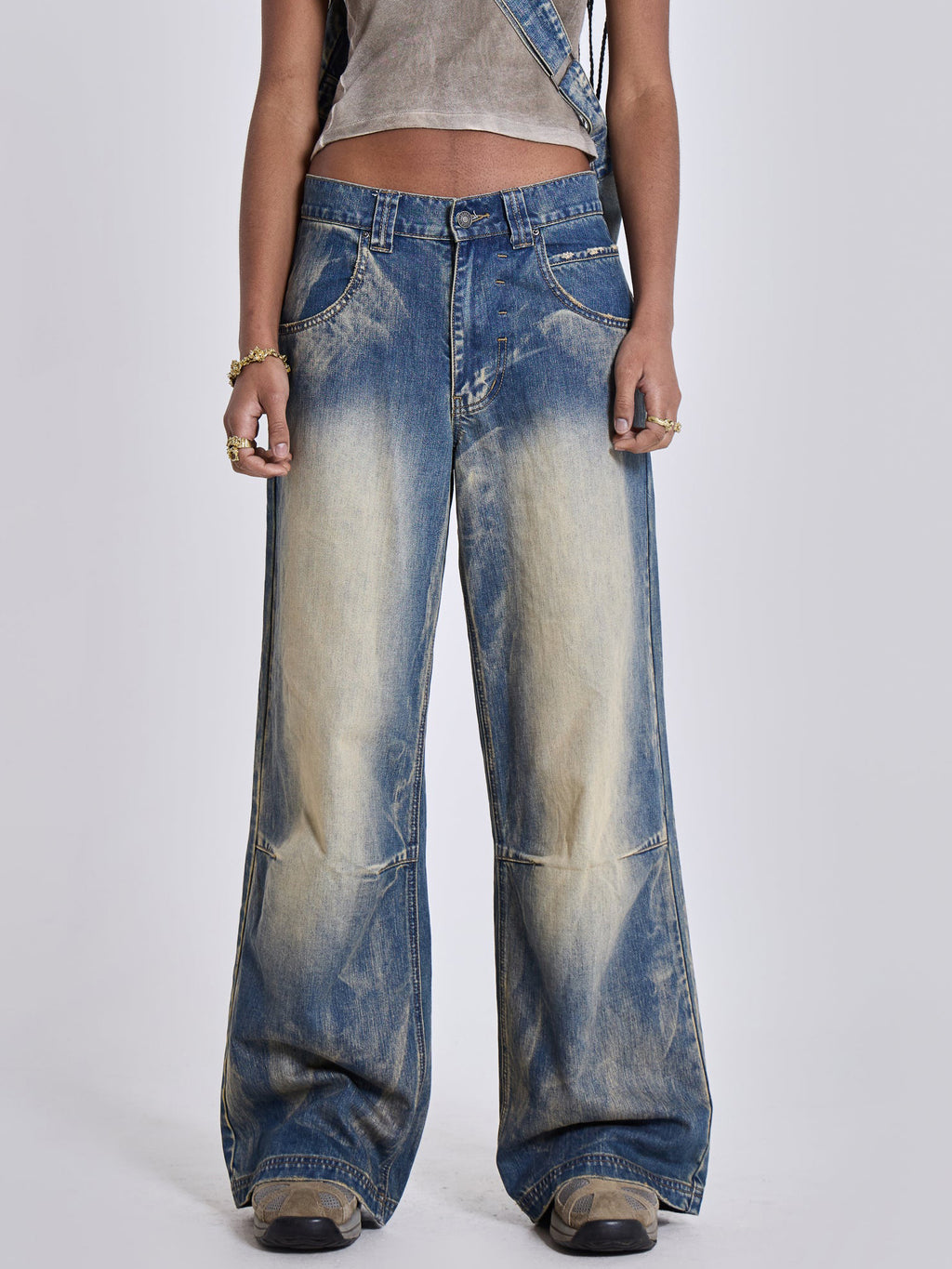 Vintage Distressed Ombre Wing Print Wide Leg Jeans