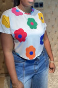 Women's Casual Round Neck Printed Top or Washed and Spliced Jeans