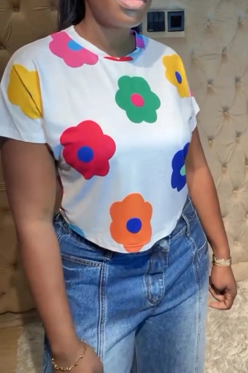 Women's Casual Round Neck Printed Top or Washed and Spliced Jeans