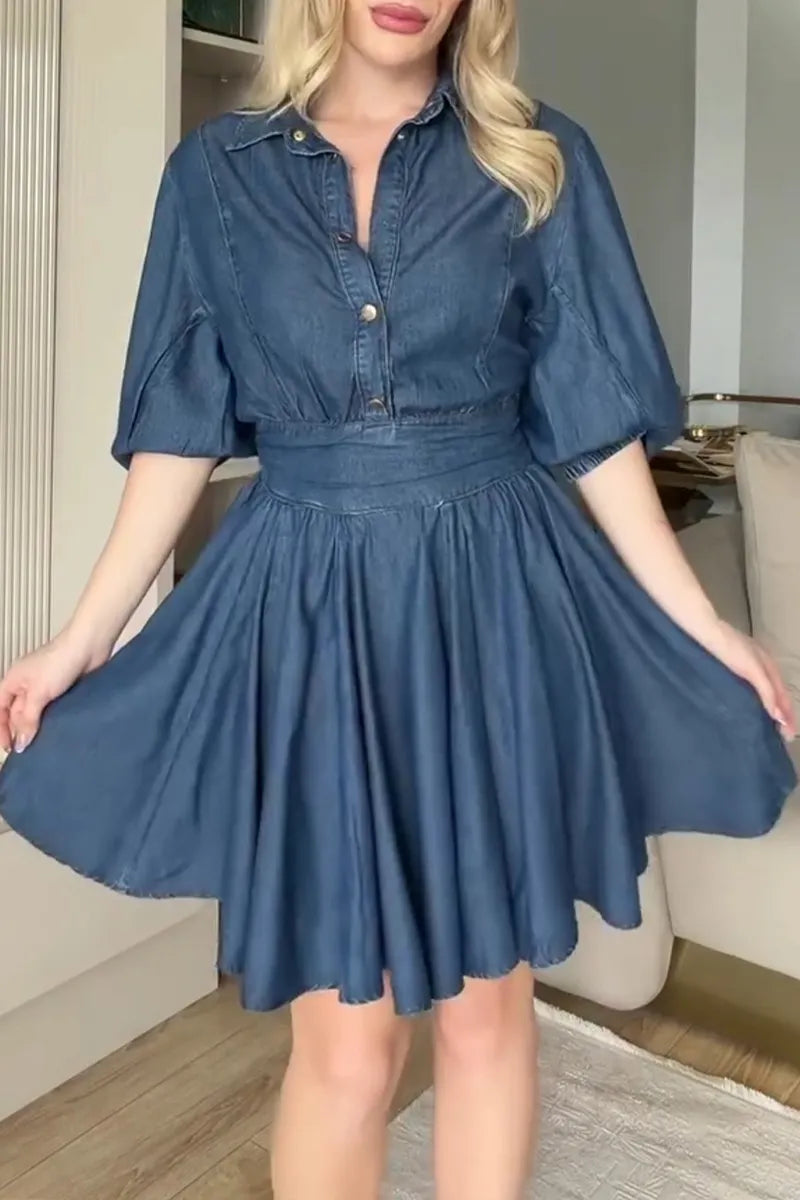 Women's Casual Puff Sleeve Waist Cinching Denim Mini Dress