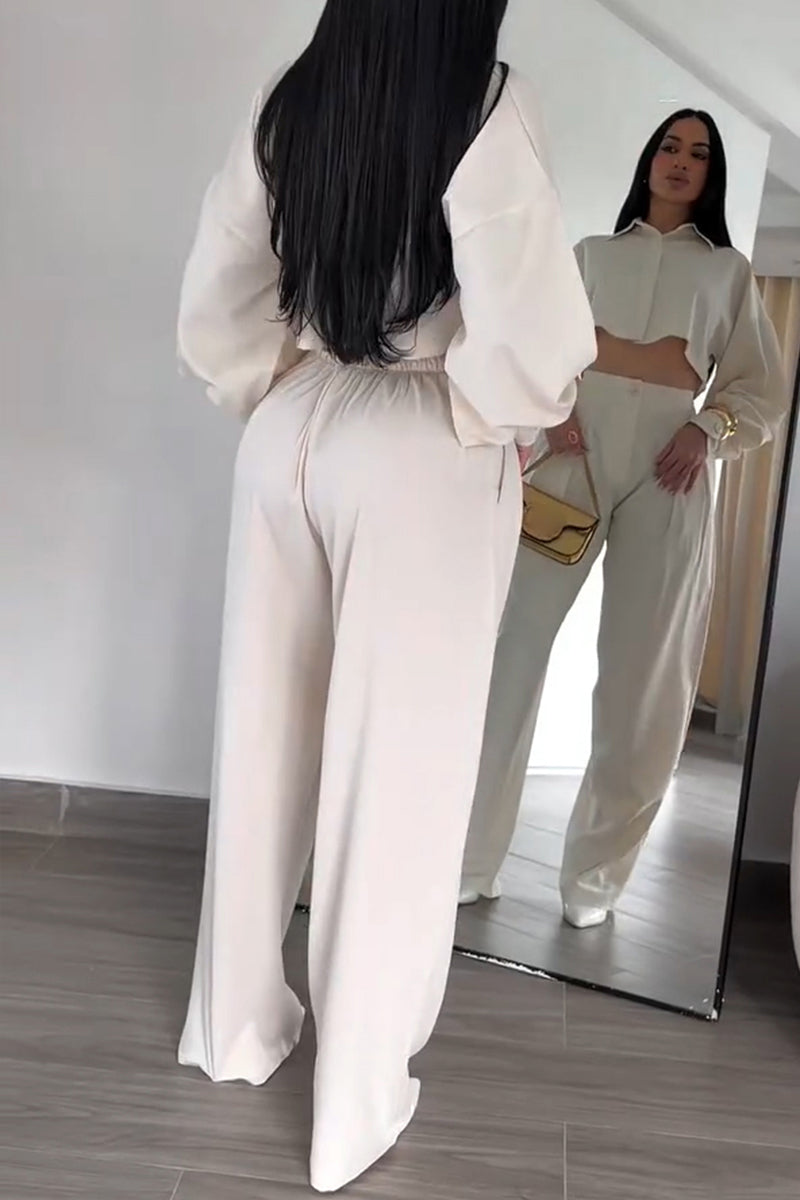 Women's Casual Puff Sleeve Short Shirt Pants Two-Piece Set