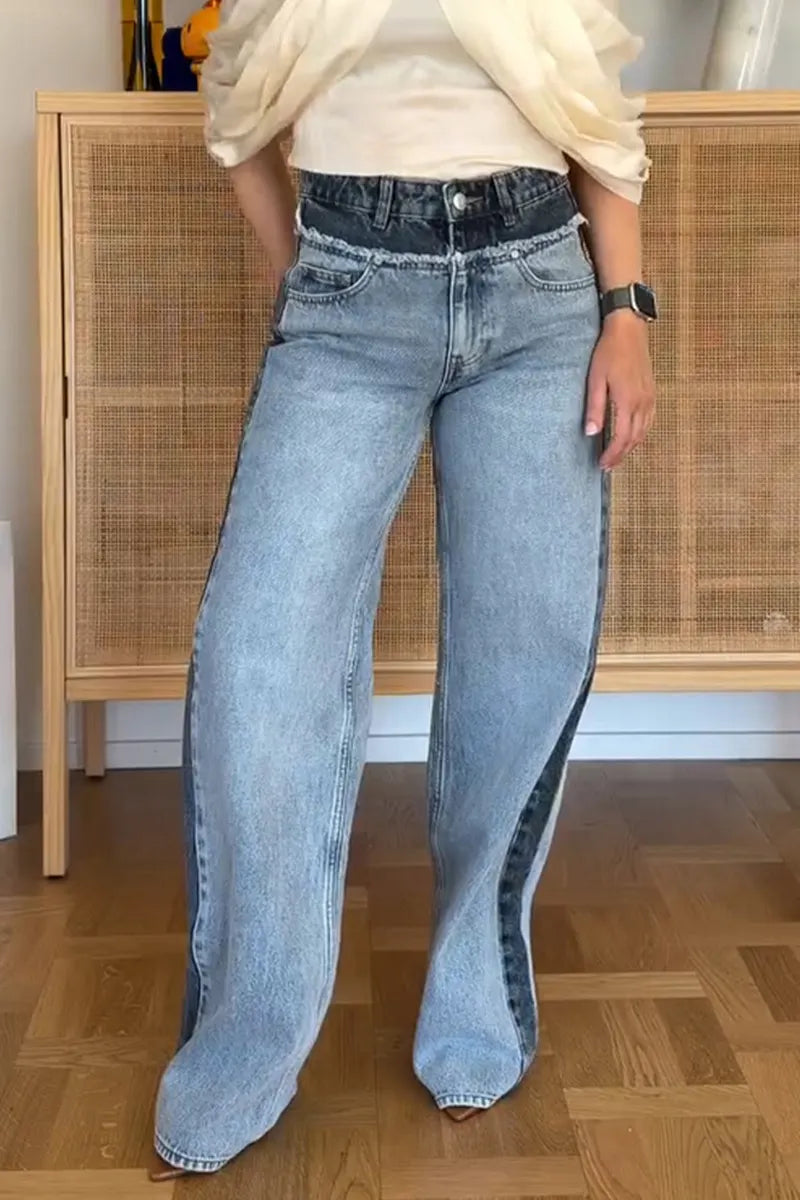 Women's Bestseller Fashion Color Block Washed Wide Leg Jeans