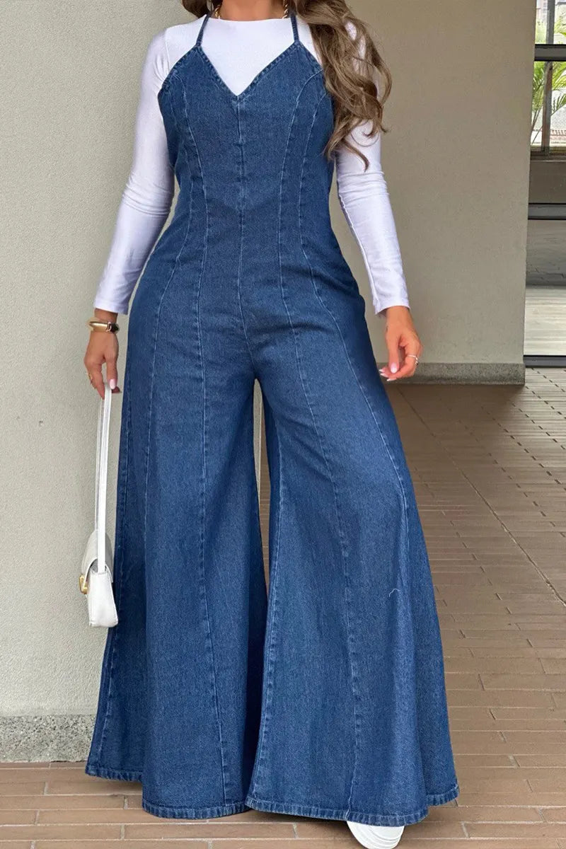 Women's Casual Strappy Wide Leg Denim Jumpsuit