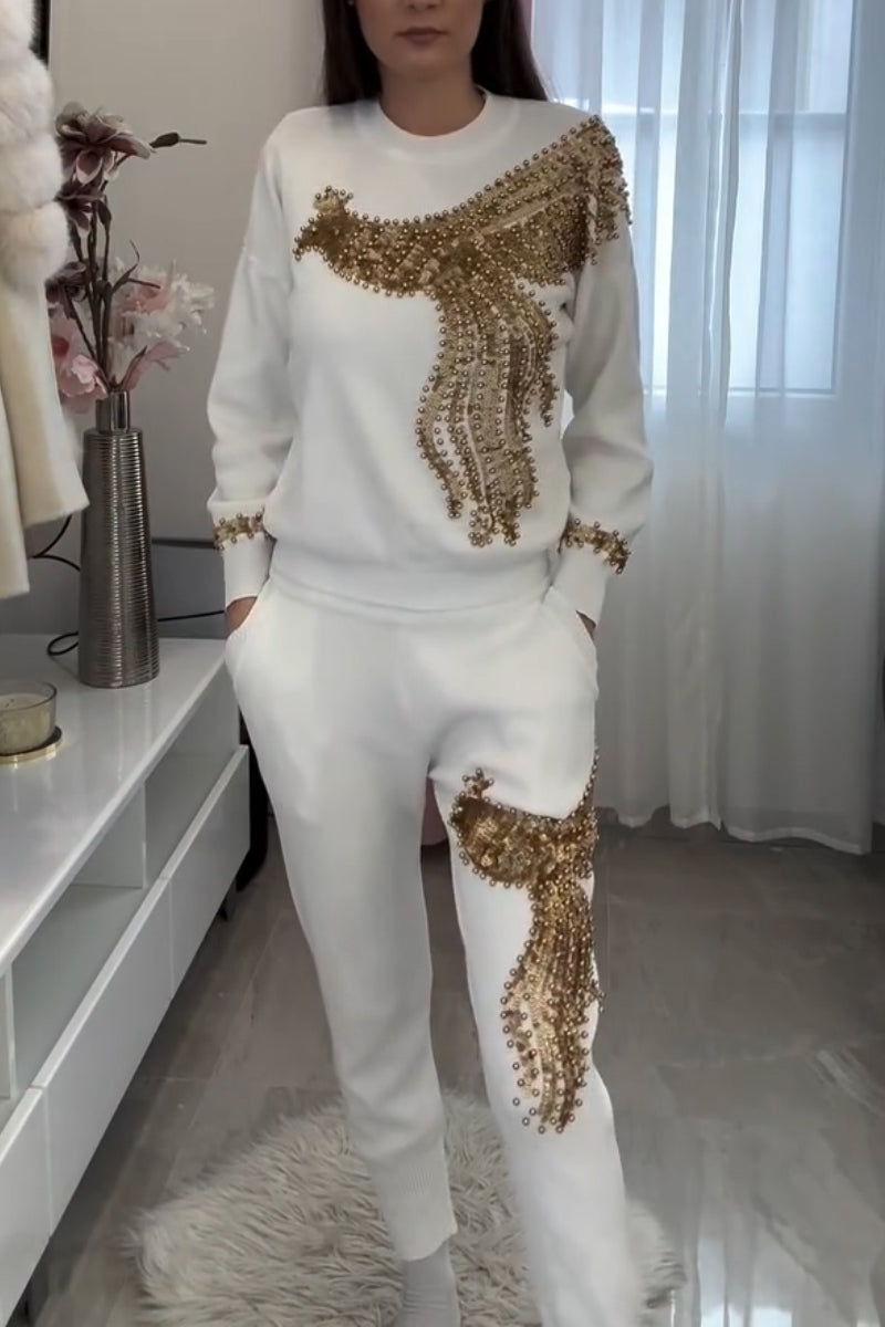 Women's Casual Round Neck Nail Bead Sequin Pattern Top or Pants