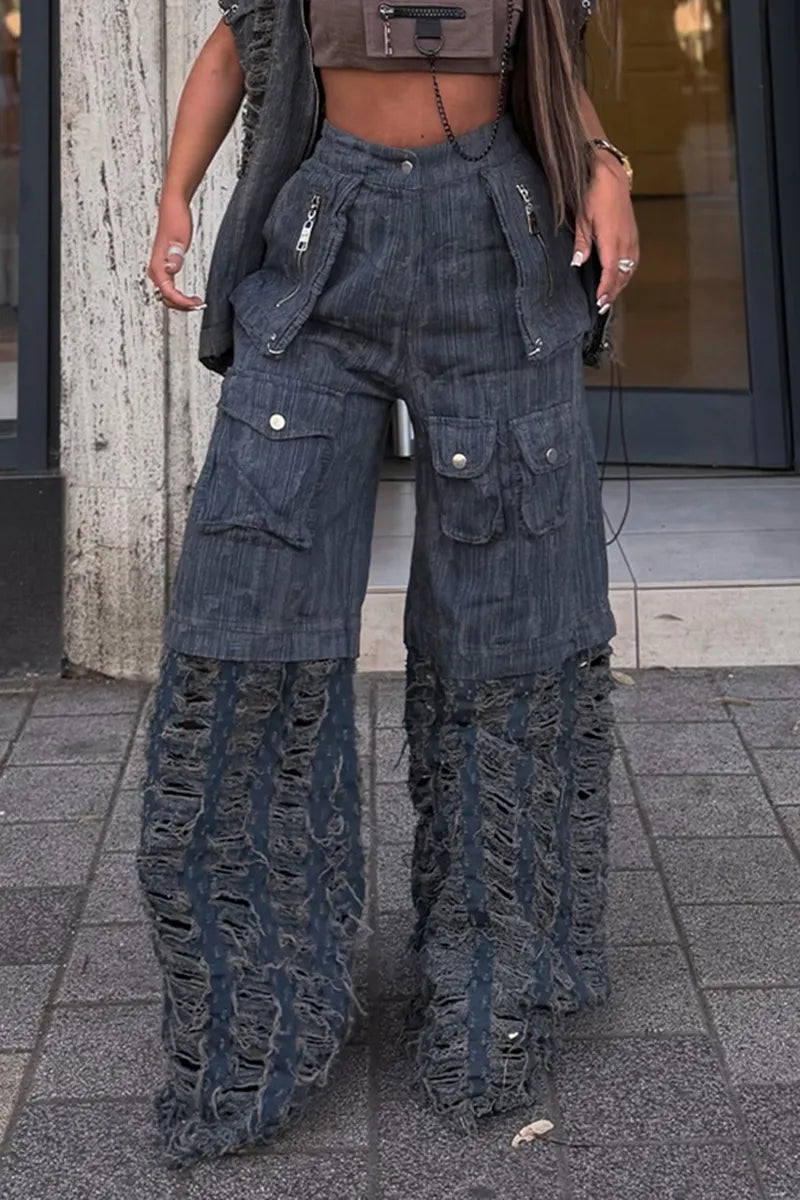 Women's Fashion Pocket Denim Ripped Patchwork Cargo Pants