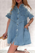 Women's Casual Beaded Lace Patchwork Denim Mini Dress