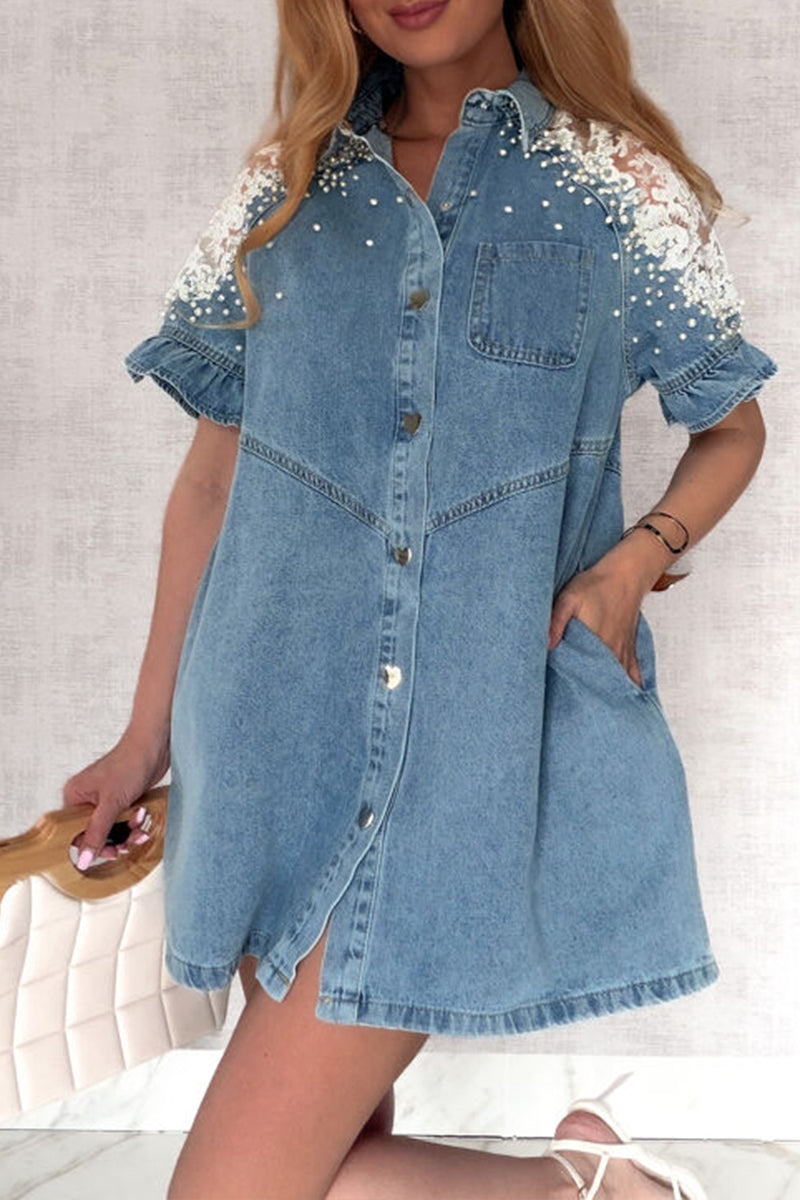 Women's Casual Beaded Lace Patchwork Denim Mini Dress