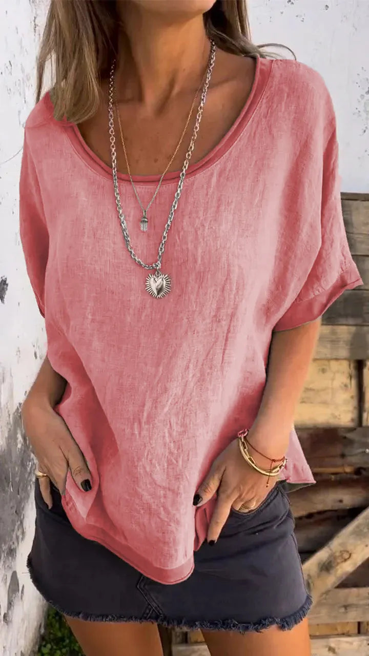 Women Summer Casual Linen Top Round Neck Short Sleeve Top