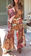 Women Collar Printed Shirt + Wide Leg Pants Loose Casual Suit
