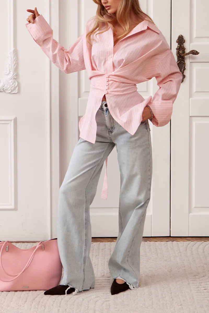 Women's Fashion Stripe Button Trim Shirts