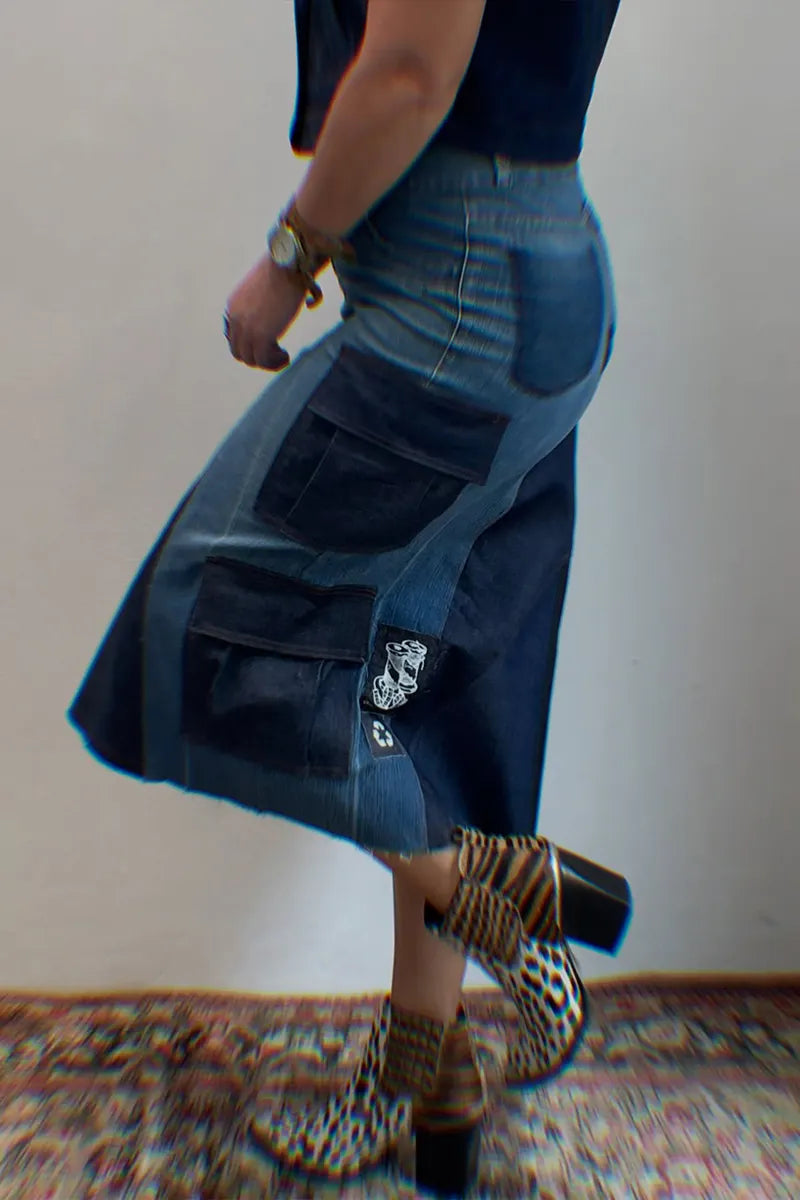 Women's Casual Color Block Cargo Pocket Denim Skirt