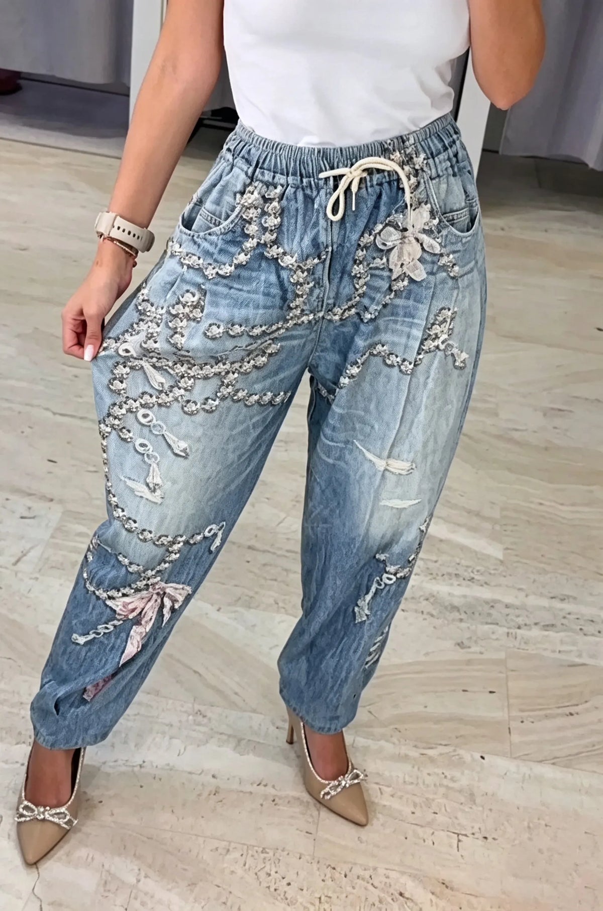 Women's Casual Faux Denim Pattern Print Pants