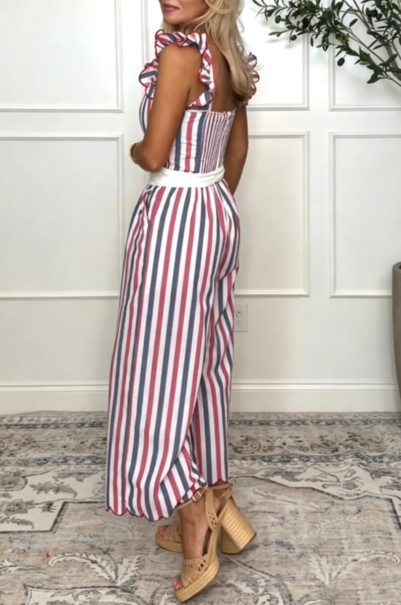 Womens Square Neck Colorful Striped Patchwork Casual Jumpsuit