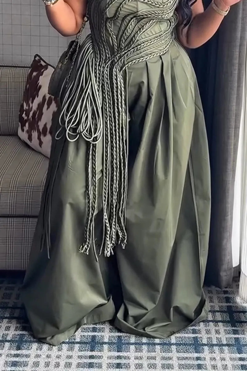 Women's Fashion Woven Decoration Asymmetric Strapless Top or Wide Leg Pants