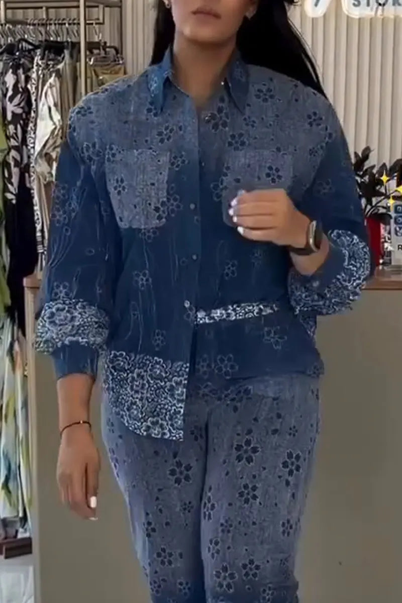 Women Collar Gradient Printed Shirt + Pants Casual Set