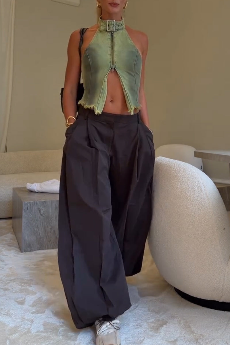 Women Make Vintage Washed Denim Neck Hanging Tops or Pants