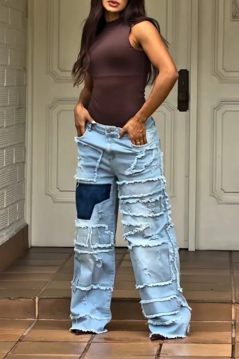 Women Multi-layer Fringed Patchwork Washable Casual Denim Wide Leg Pants