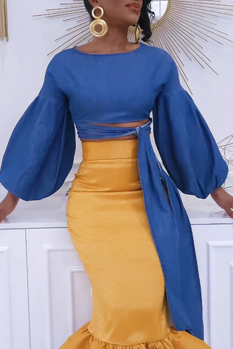 Women's Elegant Puff Sleeve Denim Top or Pencil Mermaid Skirt