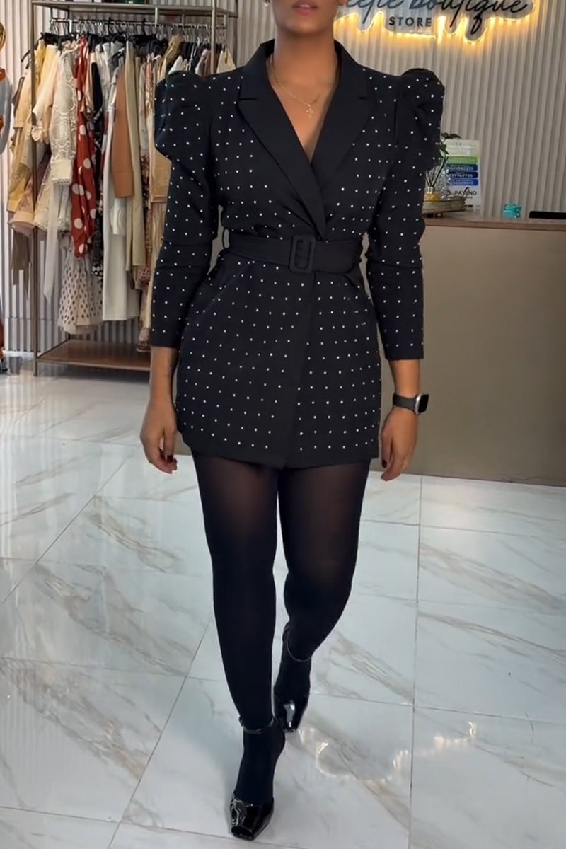 Women's Elegant Rhinestone Lapel Leg of Mutton Sleeve Blazer Mini Dress with Belt