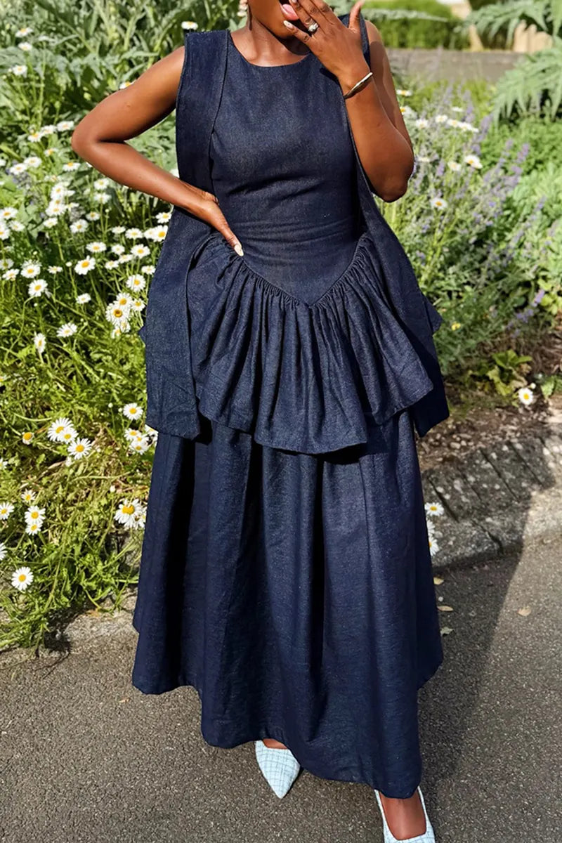 Women's Casual Double Layer Flounce Hem Denim Dress
