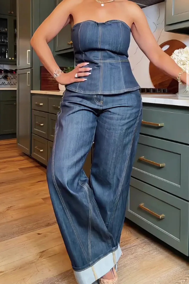 Women's Casual Strapless Denim Top Or Loose Fitting Wide Leg Patchwork Jeans