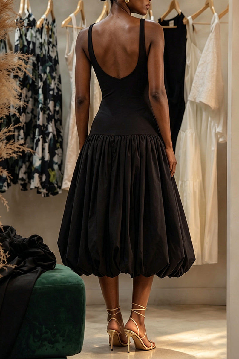 Women's Elegant Vest Balloon Hem Patchwork Midi Dress