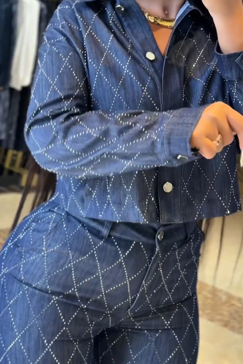 Women's Collar Rhinestone Denim Top or Jeans