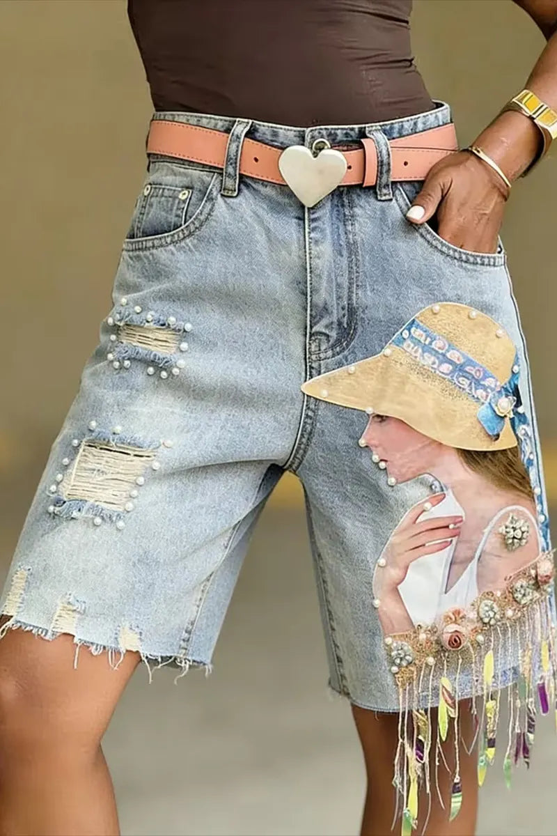 Women Light Blue Washed High Waist Pearl Embellished Ripped Portrait Feather Tassel Denim Bermuda Shorts