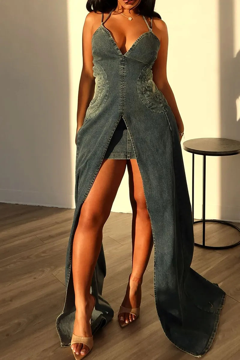 Women's Y2k Style Floor Length Denim Dress With A Bodycon Design