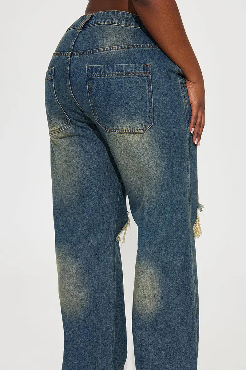 Ladies Industrial Wash Knee Rip Wide Leg Jeans