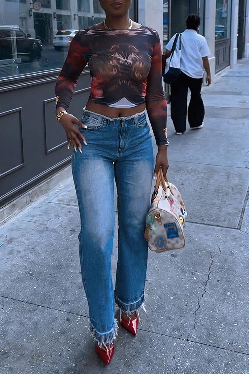 Women's Casual Pattern-Print Top & Wide-Leg Jeans