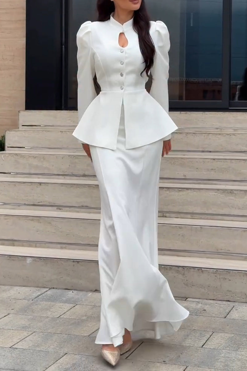 Women's Elegant Waist Cinching Puff Sleeve Shirt or Maxi Skirt