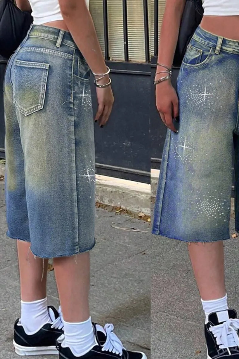 Ladies' Hot Selling Casual Washed Rhinestone Street Denim Shorts