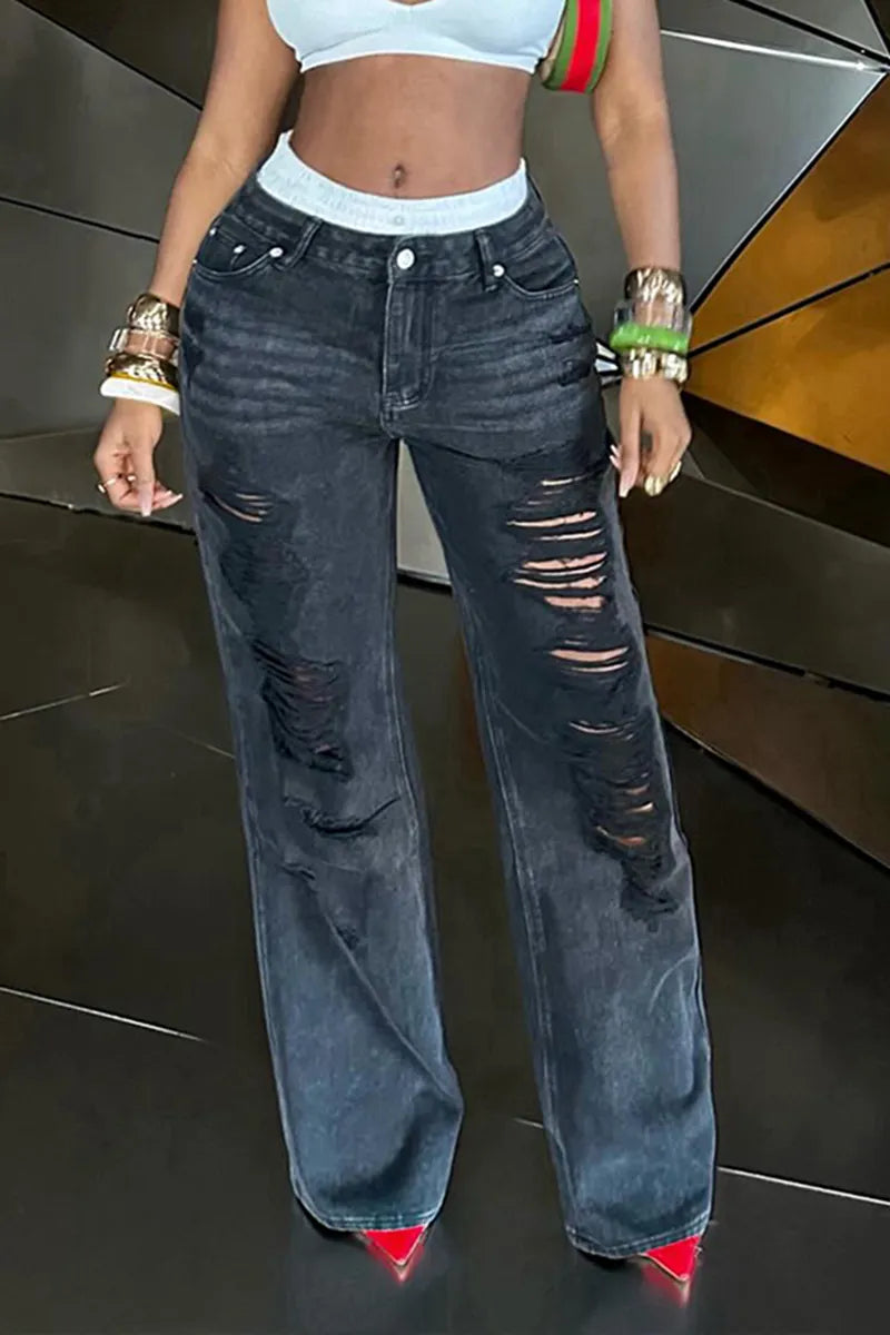 Women's Casual Double Layer Waistband Panel Ripped Jeans