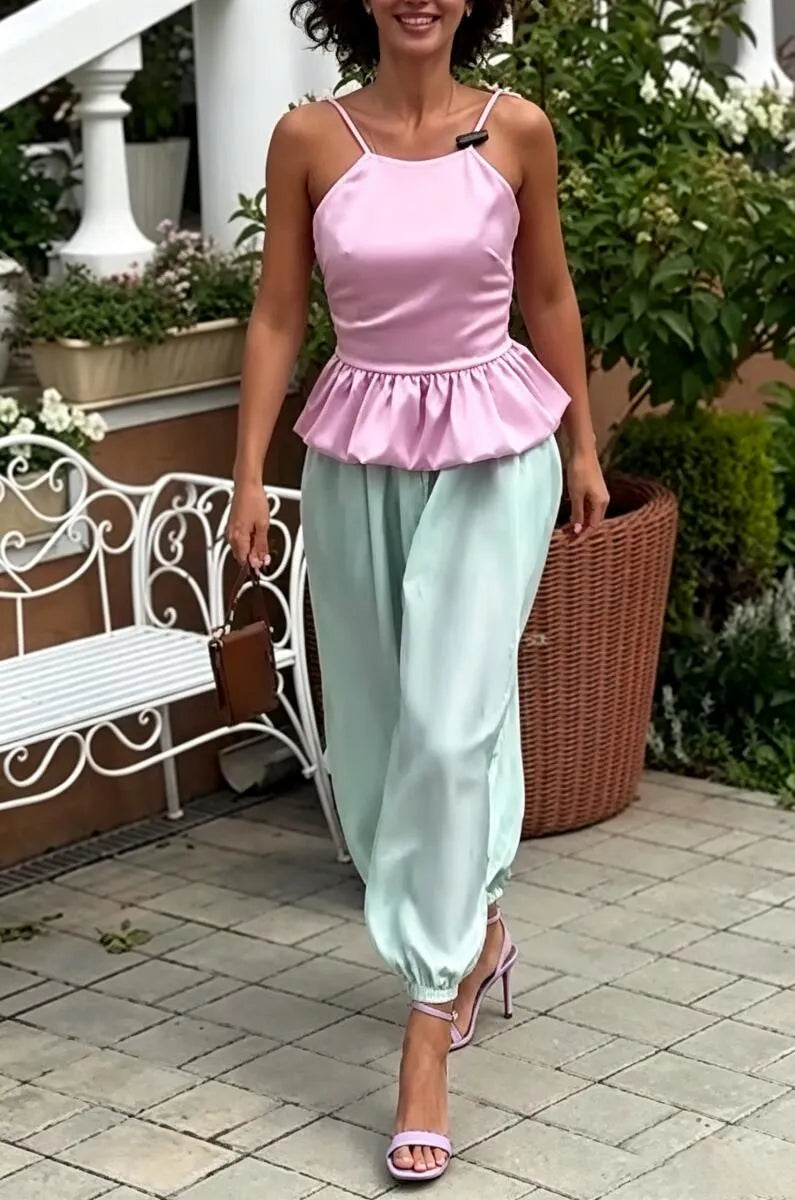 Women's Solid Color Patchwork Top or Casual Pants