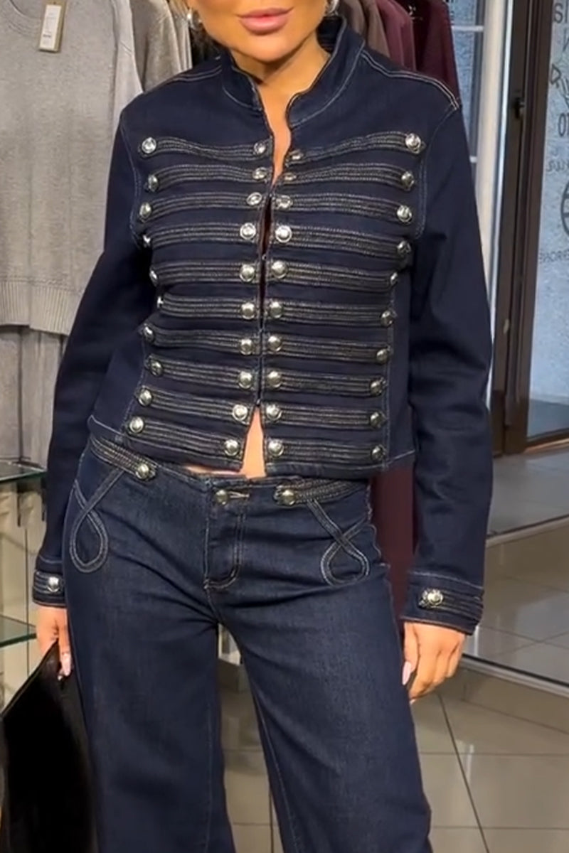 Women's Round Neck Spliced Double Breasted Jacket or Jeans