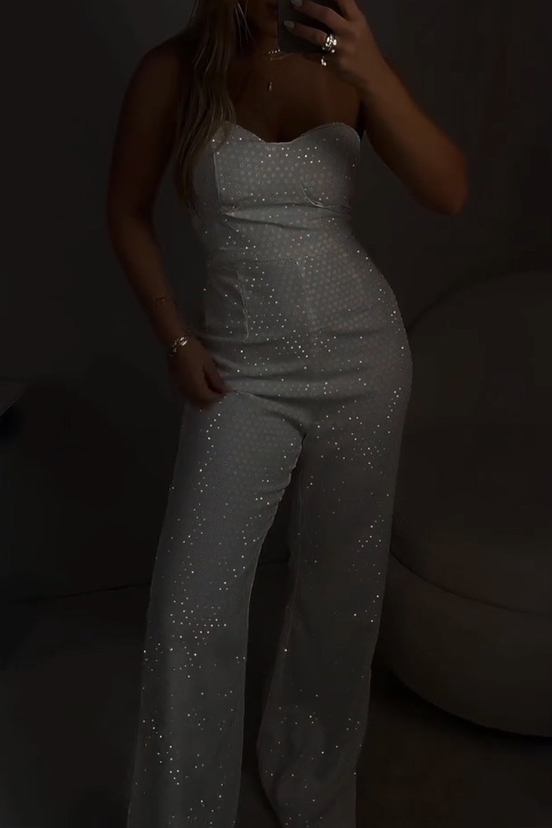 Women's Fashion Shiny Rhinestone Strapless Wide Leg Jumpsuit