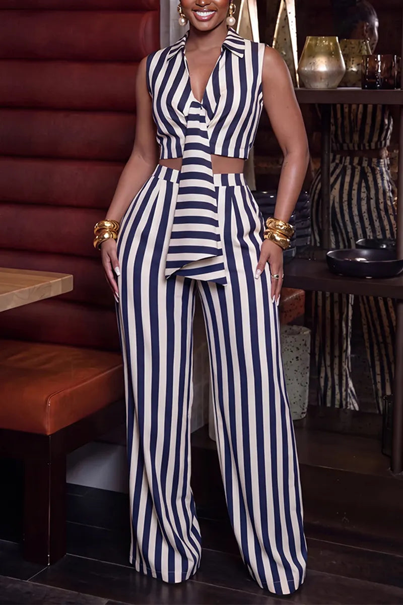 Women's Fashion Commuter Stripe Vest Pants Two-Piece Set