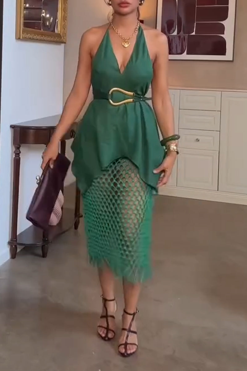 Women's Vacation Casual Style Hanging Neck Irregular Top or Hollow Woven Half Skirt