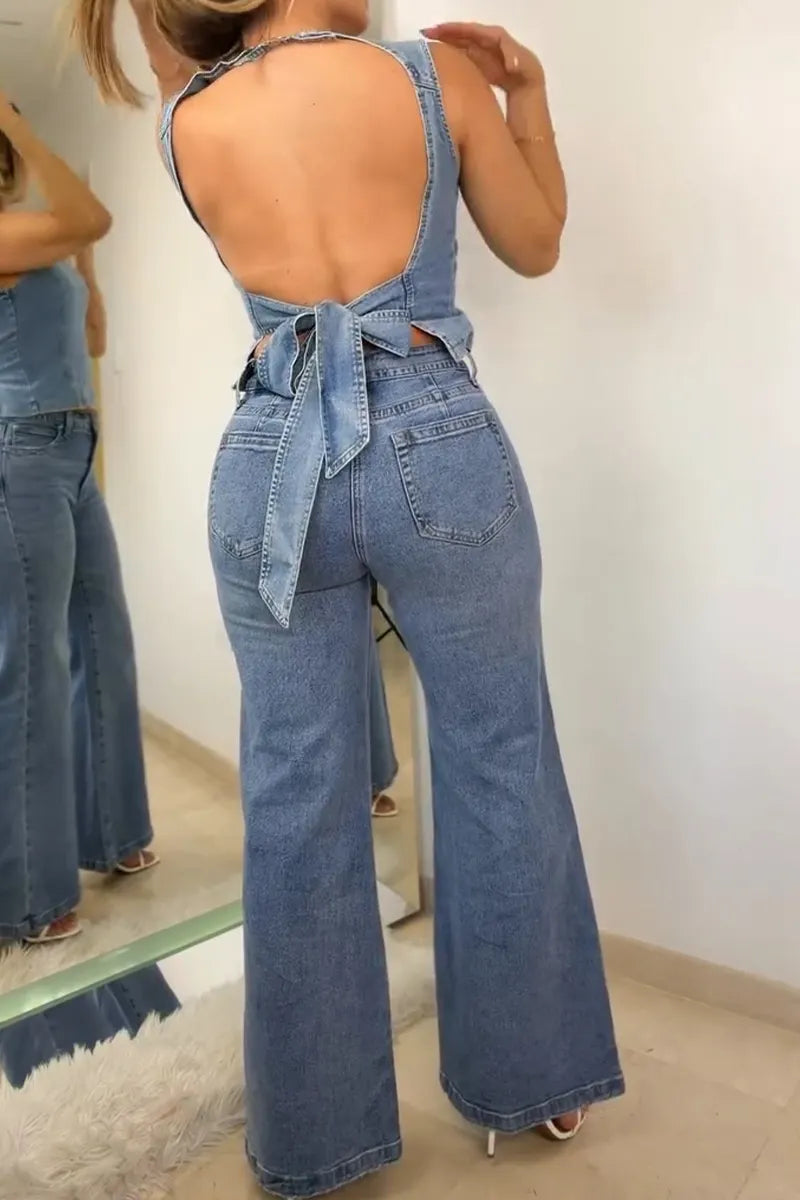 Women's Casual Open Back Design Tie Denim Vest & Jeans